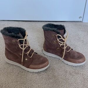 Sorel Women’s Joan Explorer Winter Boots in Garnet Burro (Brown Suede)